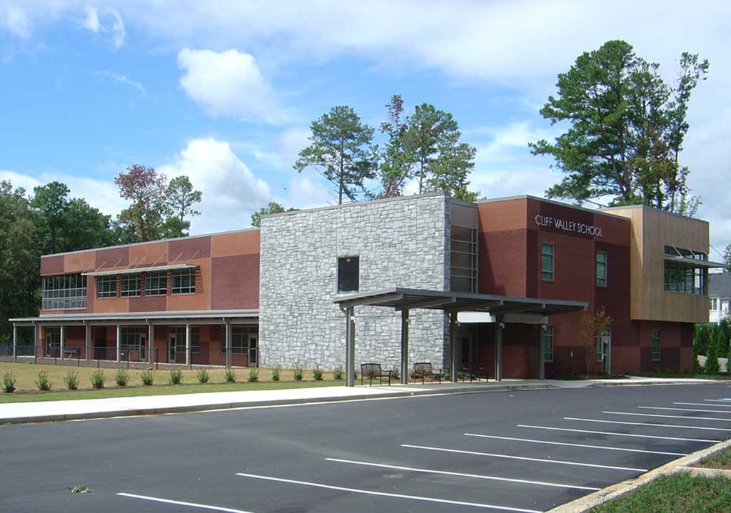 Cliff Valley School front exterior and parking lot